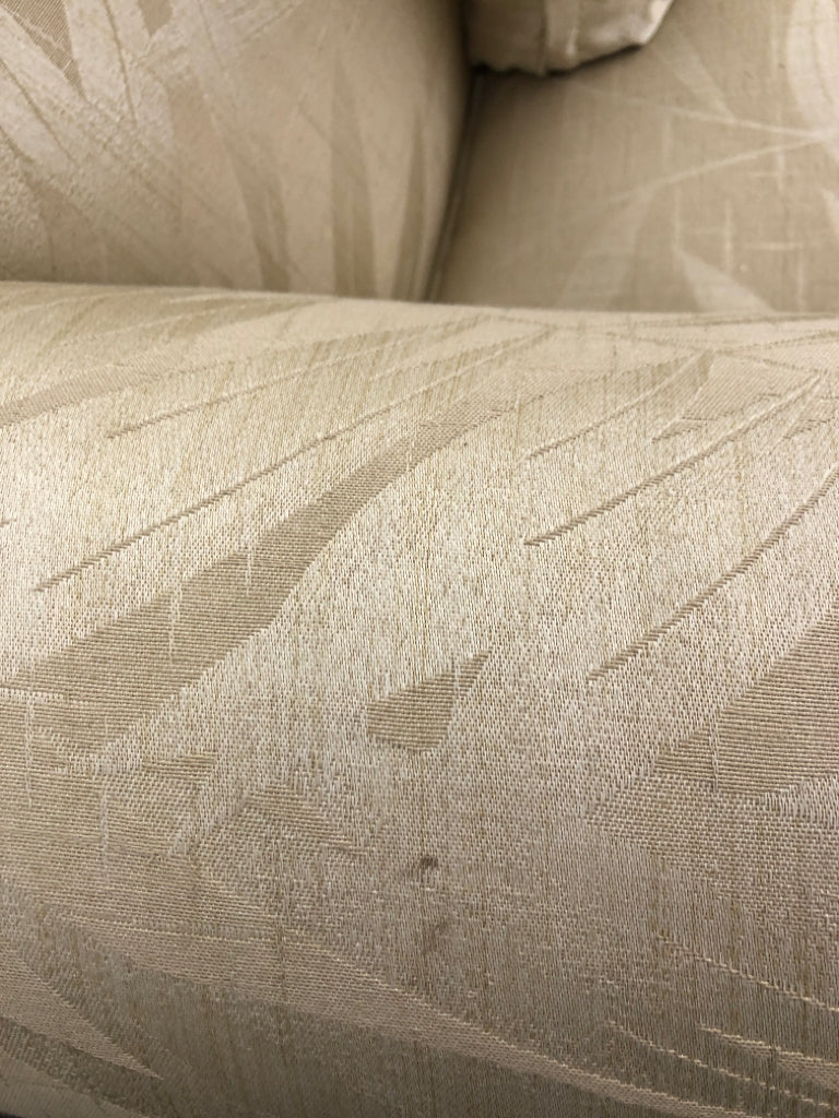 CREAM W/LEAF PRINT ACCENT CHAIR CURVED BACK & PILLOW,ORIGINAL PAPERS INCLUDED.