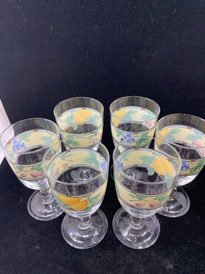 6 FRUIT PAINTED WINE GLASSES.