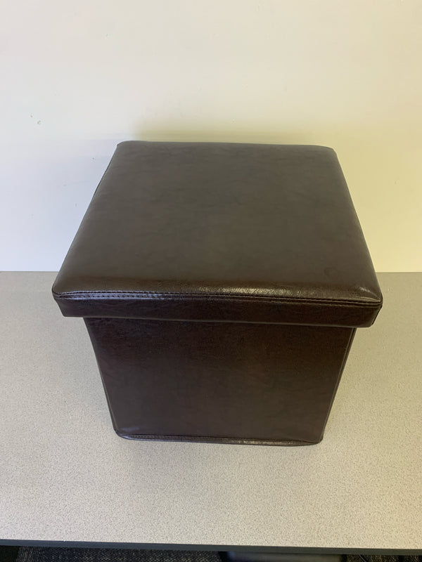 FAUX BROWN LEATHER STOOL/ STORAGE BOX.