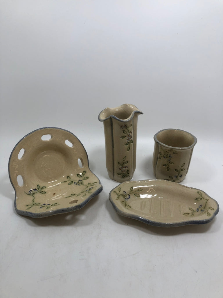 4 FLORAL STAMPED STONEWARE BATHROOM ORGANIZERS.