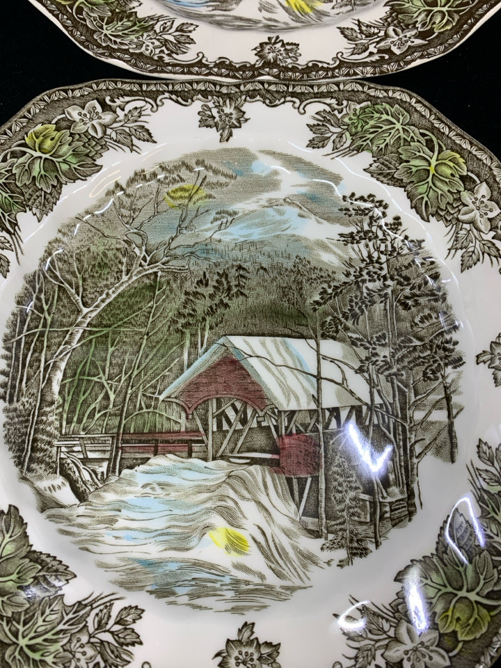 4 APPETIZER SQUARE PLATES RED BARN SCENE JOHNSON BROS.