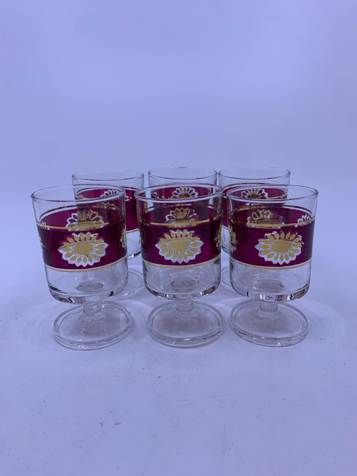 6 VTG SMALL FOOTED LIQUOR GLASSES W RED+ GOLD DETAILS.