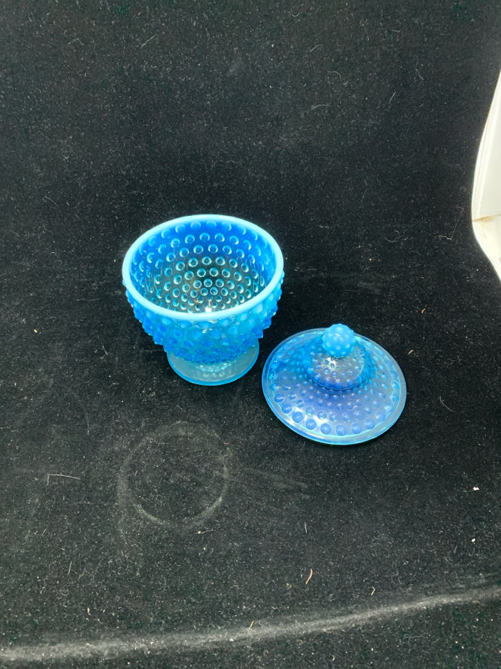 VTG BLUE OPALESCENT HOBNAIL LIDDED CANDY DISH.