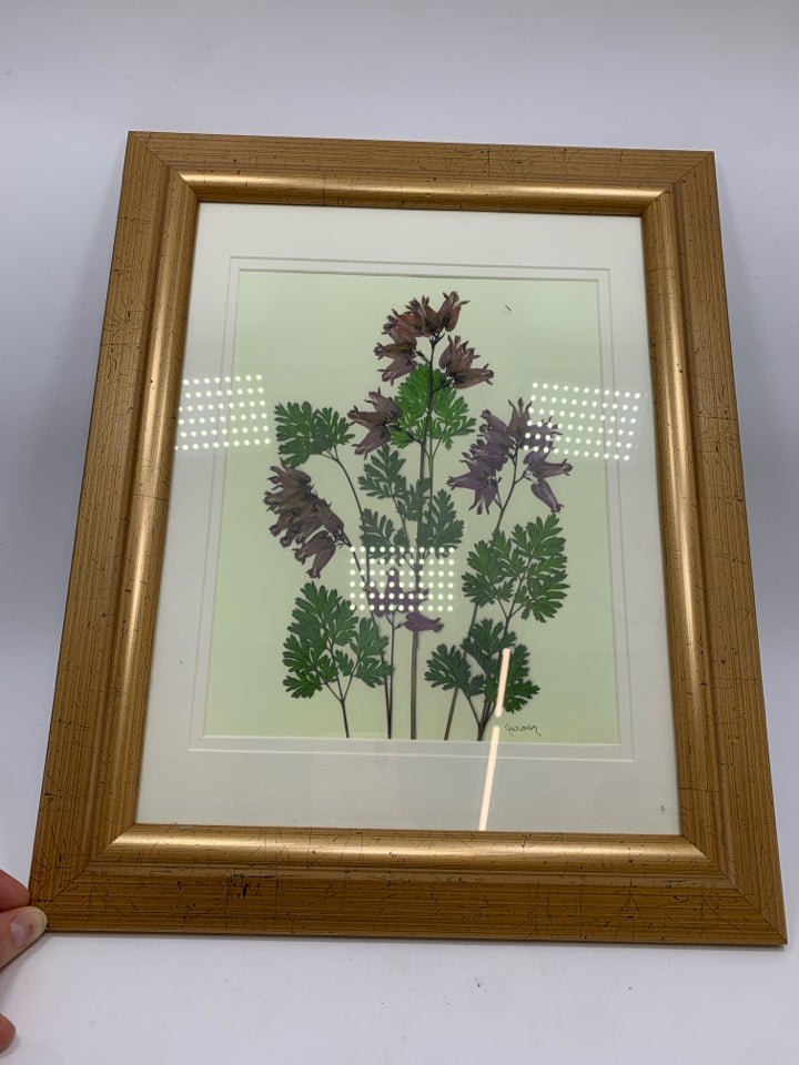 PURPLE FLOWERS PRINT IN GOLD FRAME.