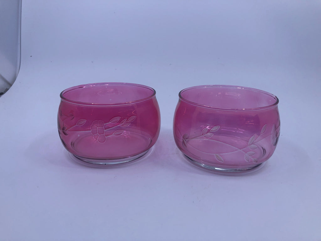 2 LIGHT PINK EMBOSSED GLASS CANDLE HOLDERS.