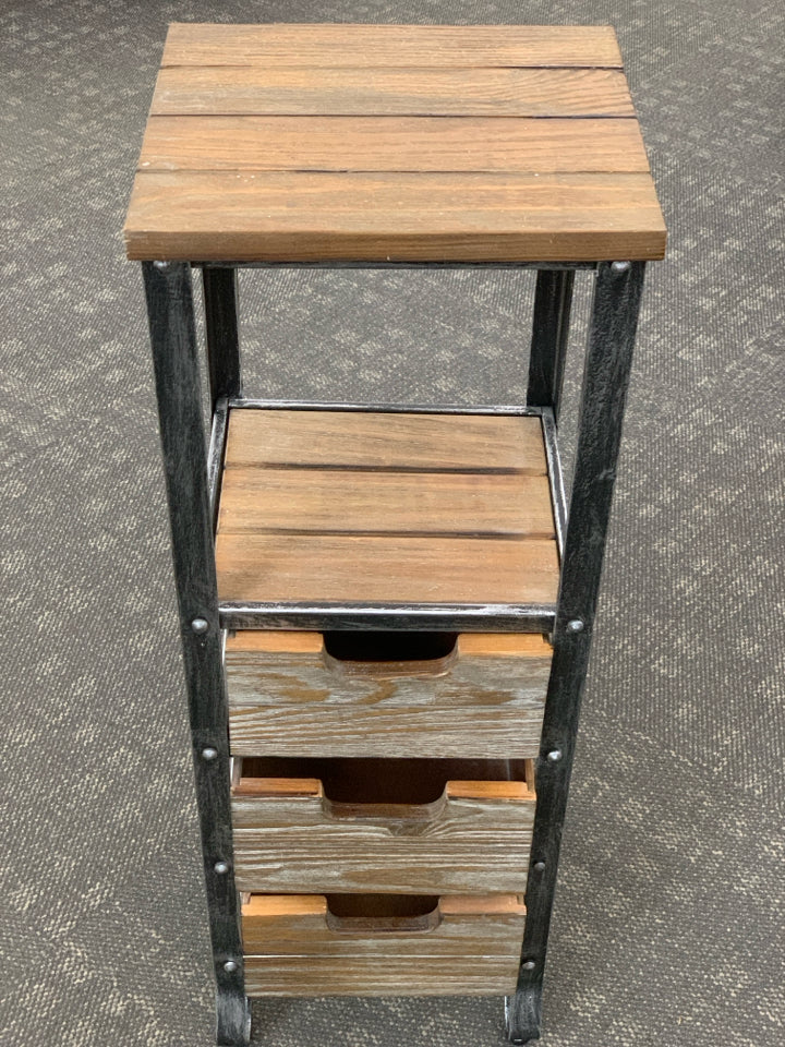 RUSTIC 3 DRAWER WOOD SIDE TABLE W/METAL FRAME.
