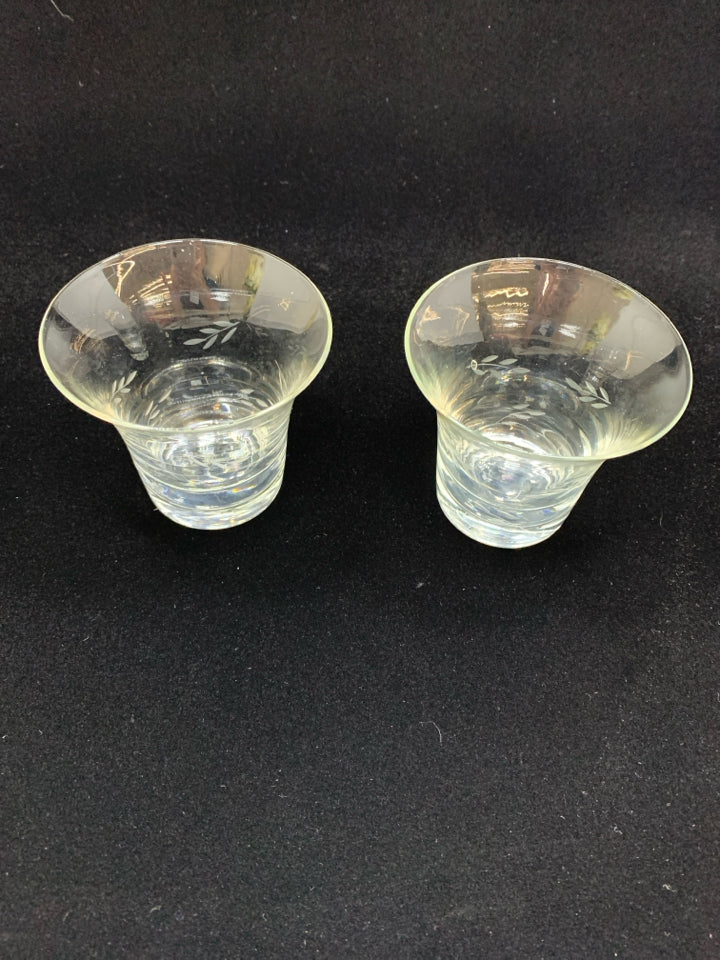 2 GLASS ETCHED CANDLE HOLDERS.