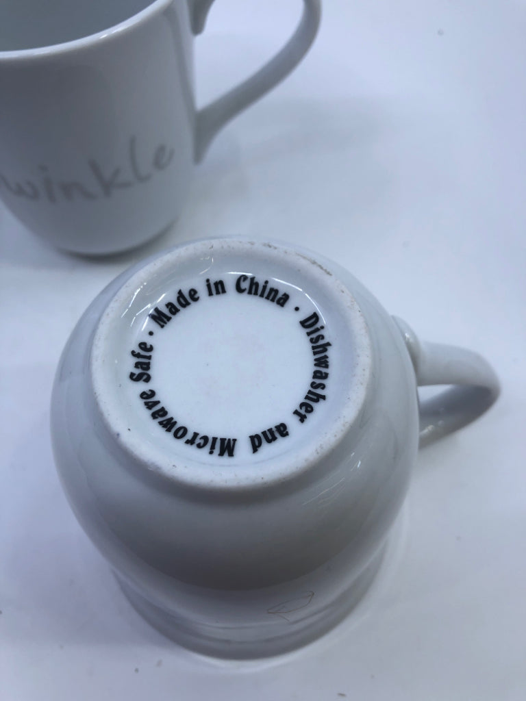 4 WHITE TWINKLE/SPARKLE MUGS.