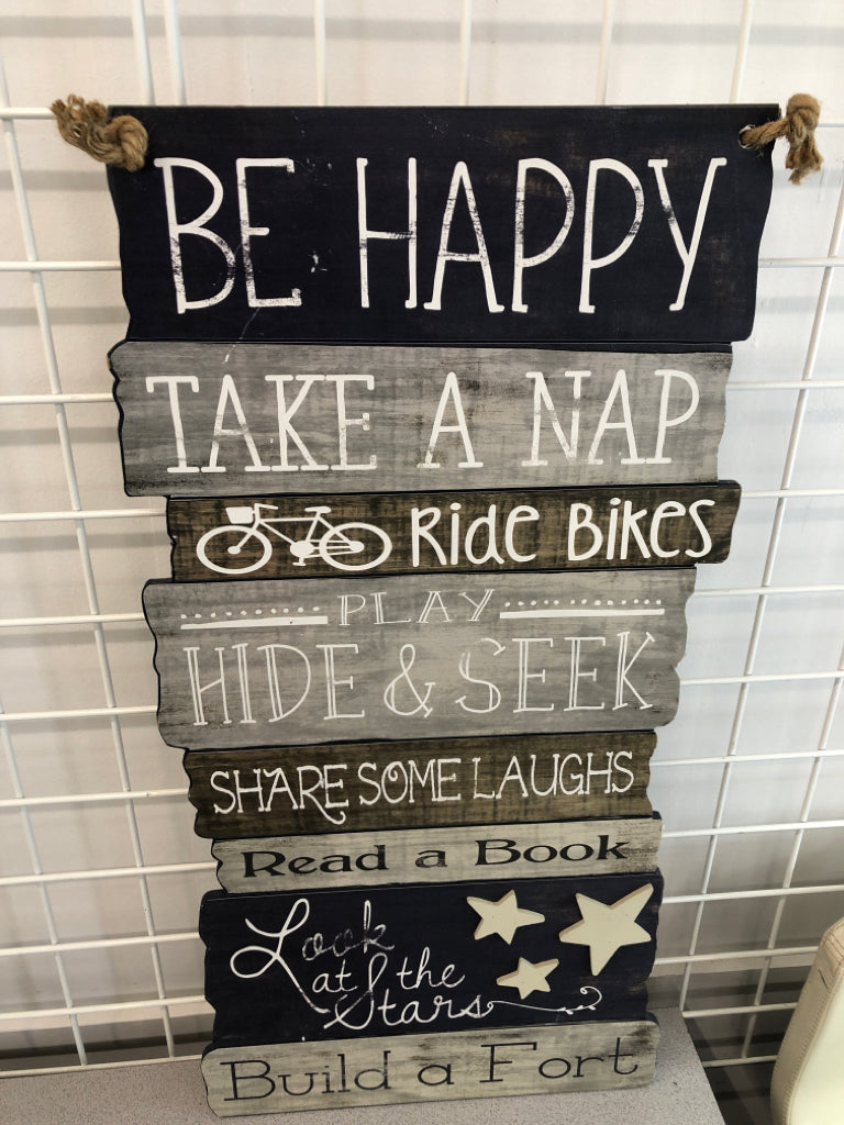 BE HAPPY TAKE A NAP HANGING WOOD SIGN.