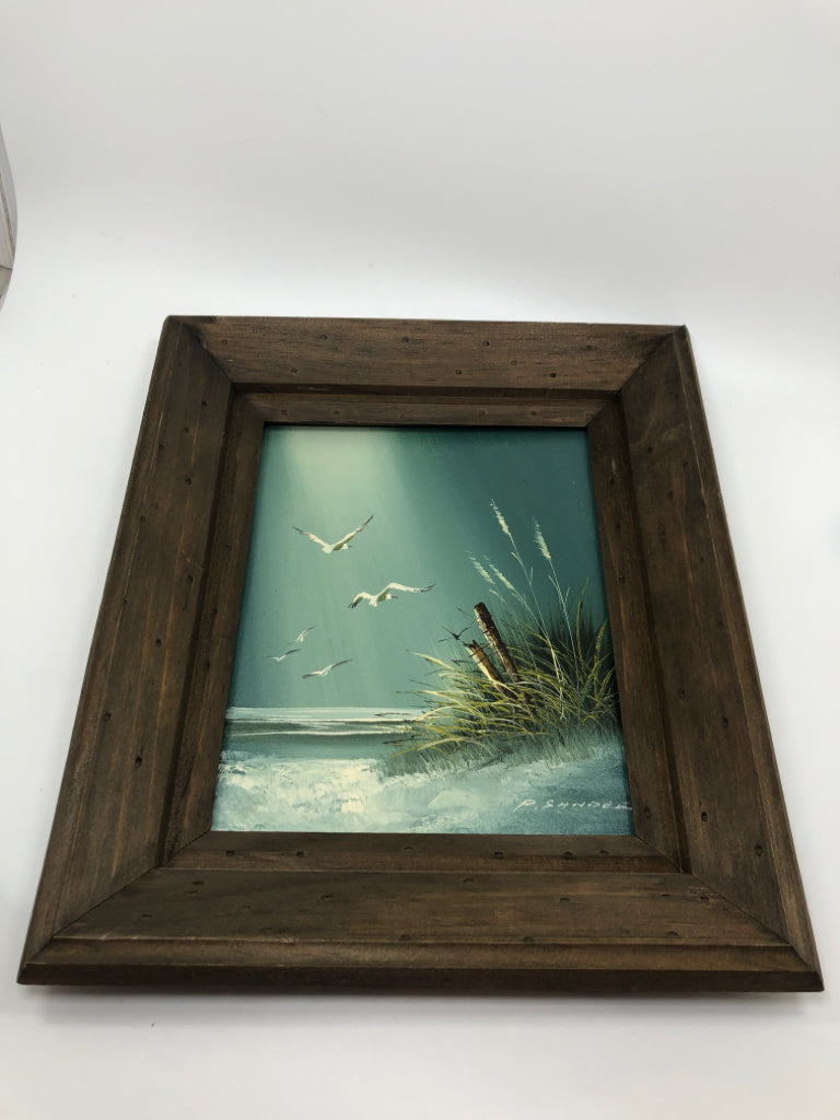 FLYING SEAGULLS BY SHORE FRAMED PAINTING.
