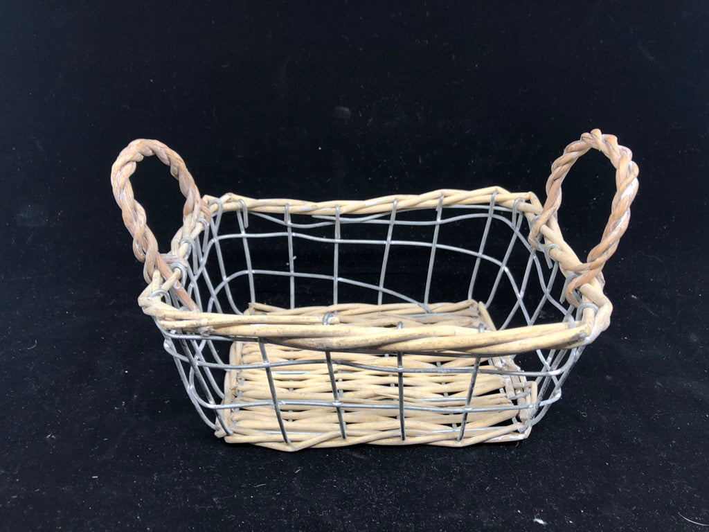 METAL AND LIGHT WOOD WRAPPED BASKET.