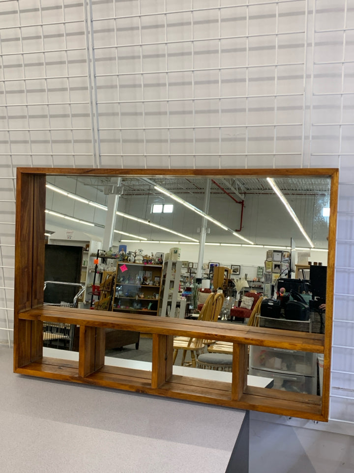 BROWN WOODEN SHELVES & MIRROR WALL HANGING.