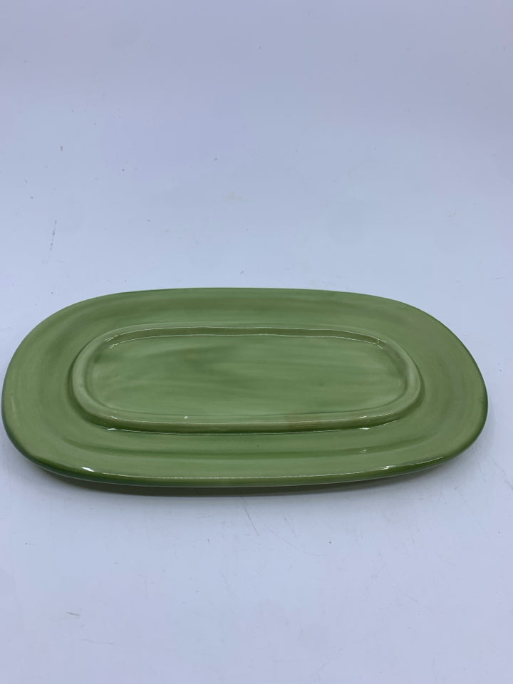 GREEN POTTERY BARN BUTTER DISH.