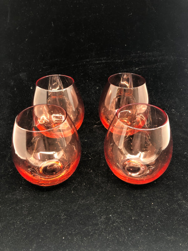 4 PINK GLASS STEMLESS WINE GLASSES.