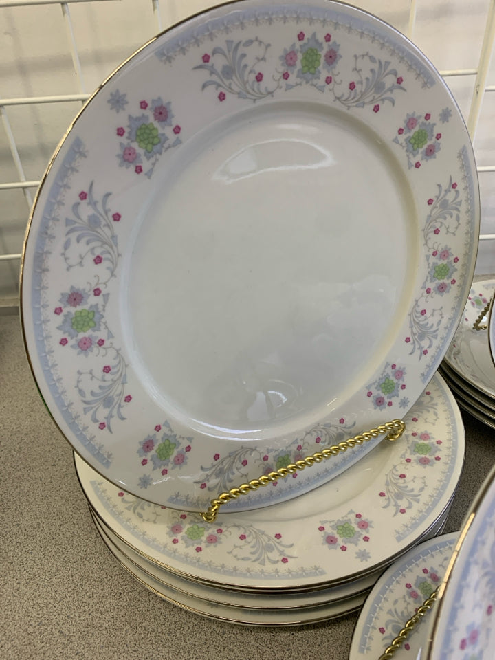 25 PC "SERENADE" LIGHT BLUE PINK FLOWERS PLATINUM TRIM DINNER SET.