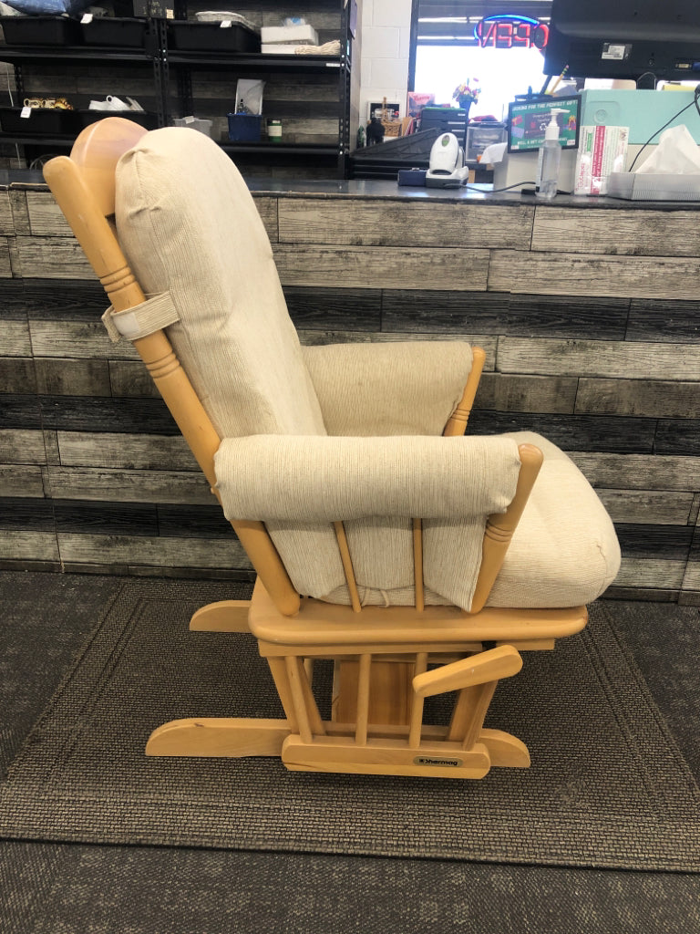 BLONDE WOOD SHERMAG CREAM CUSHION GLIDING ROCKER.