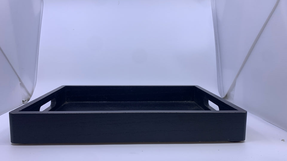 BLACK WOOD SERVING TRAY W/HANDLES.