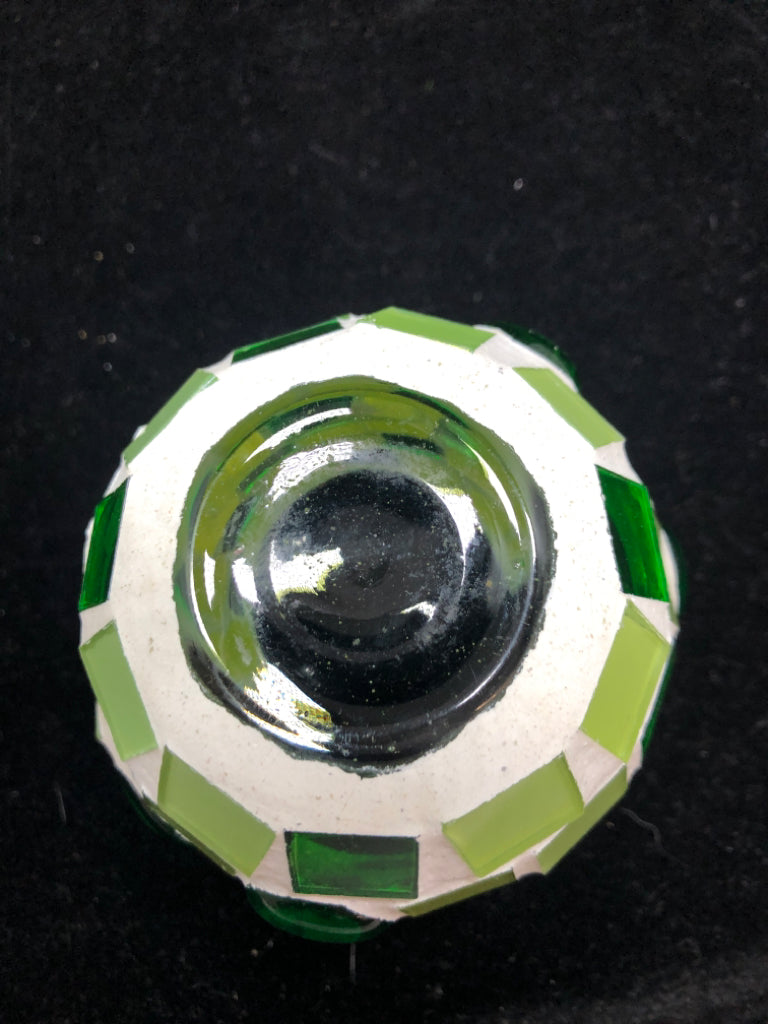 GREEN MOSAIC VOTIVE CANDLE HOLDER.