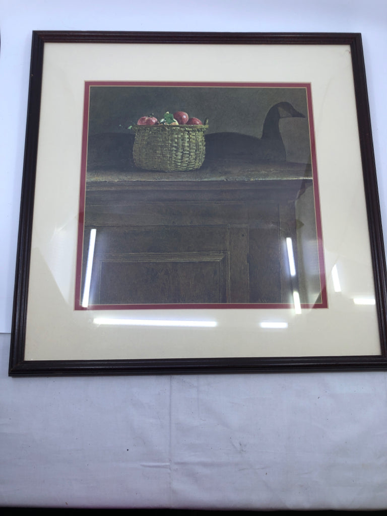 CLOSE UP OF CABINET W/ BASKET OF APPLES+GOOSE FRAMED PRINT 19" X 19"