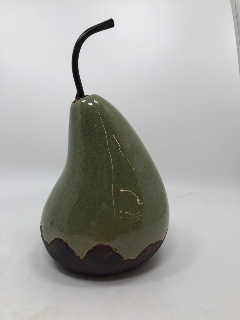 GREEN GLAZE CERAMIC PEAR W/METAL STEM.
