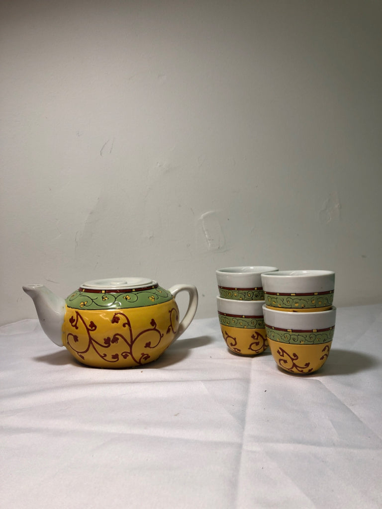 5PC YELLOW AND GREEN TEA SET- 4 CUPS, 1 TEAPOT.