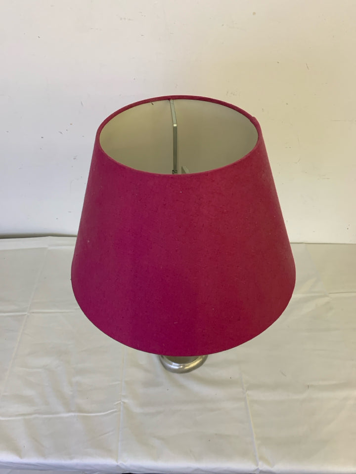 SILVER BASE LAMP W PINK SHADE.