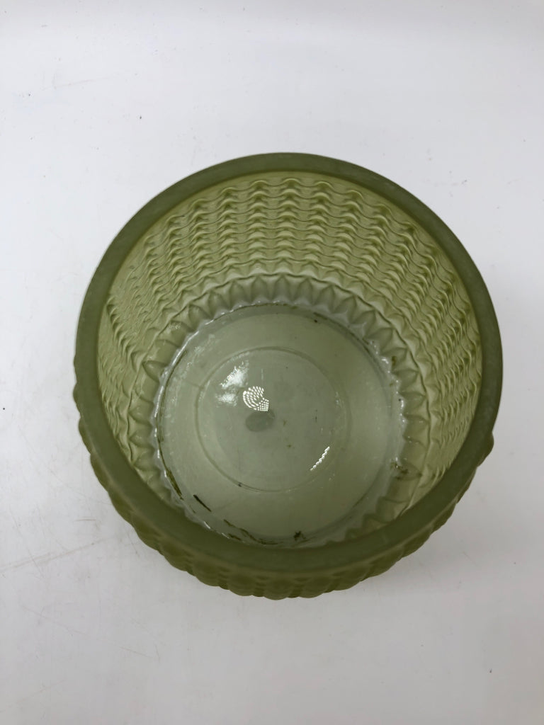 GREEN FROSTED GLASS CANDLE JAR.