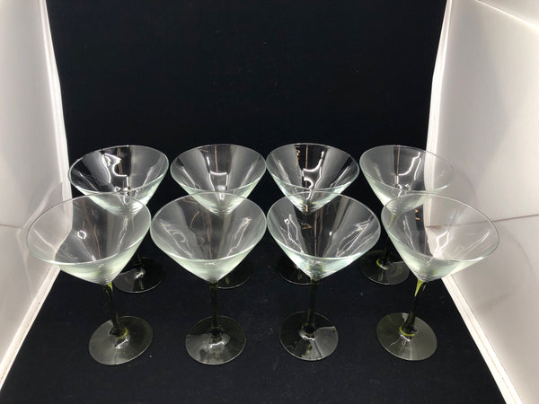 8 GREEN STEM MARTINI GLASSES.