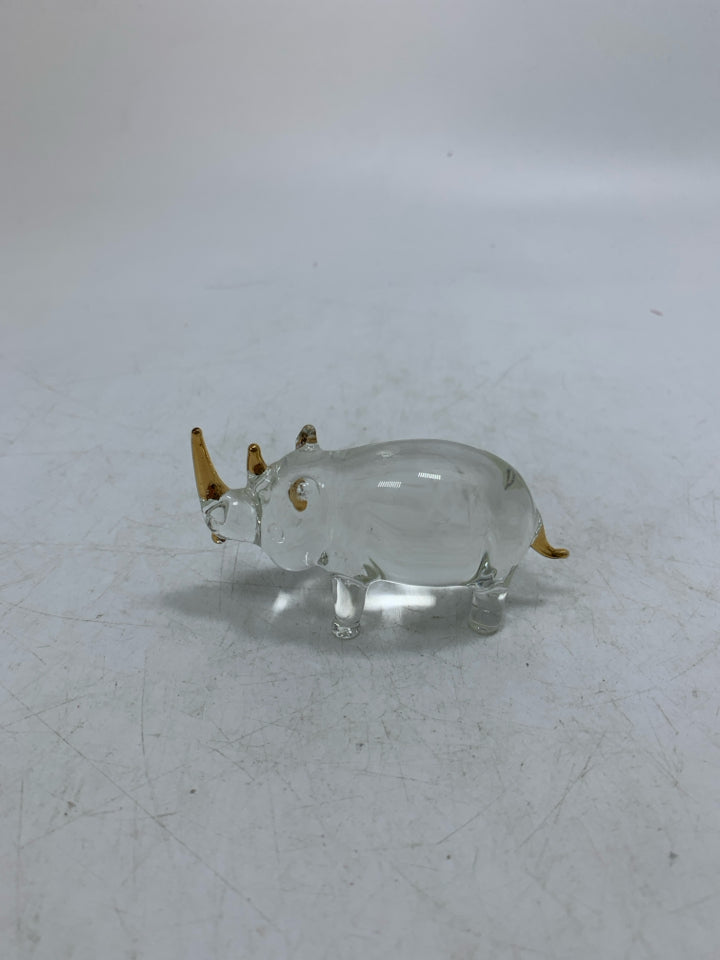 SMALL GLASS RHINO W/ GOLD DETAILS.