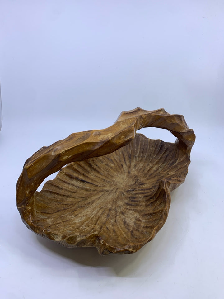 ABSTRACT WOOD BOWL W HANDLE.