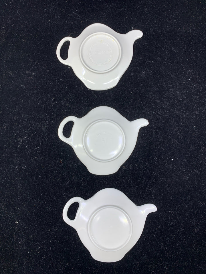 3 TEAPOT SHAPED TEA BAG HOLDERS.