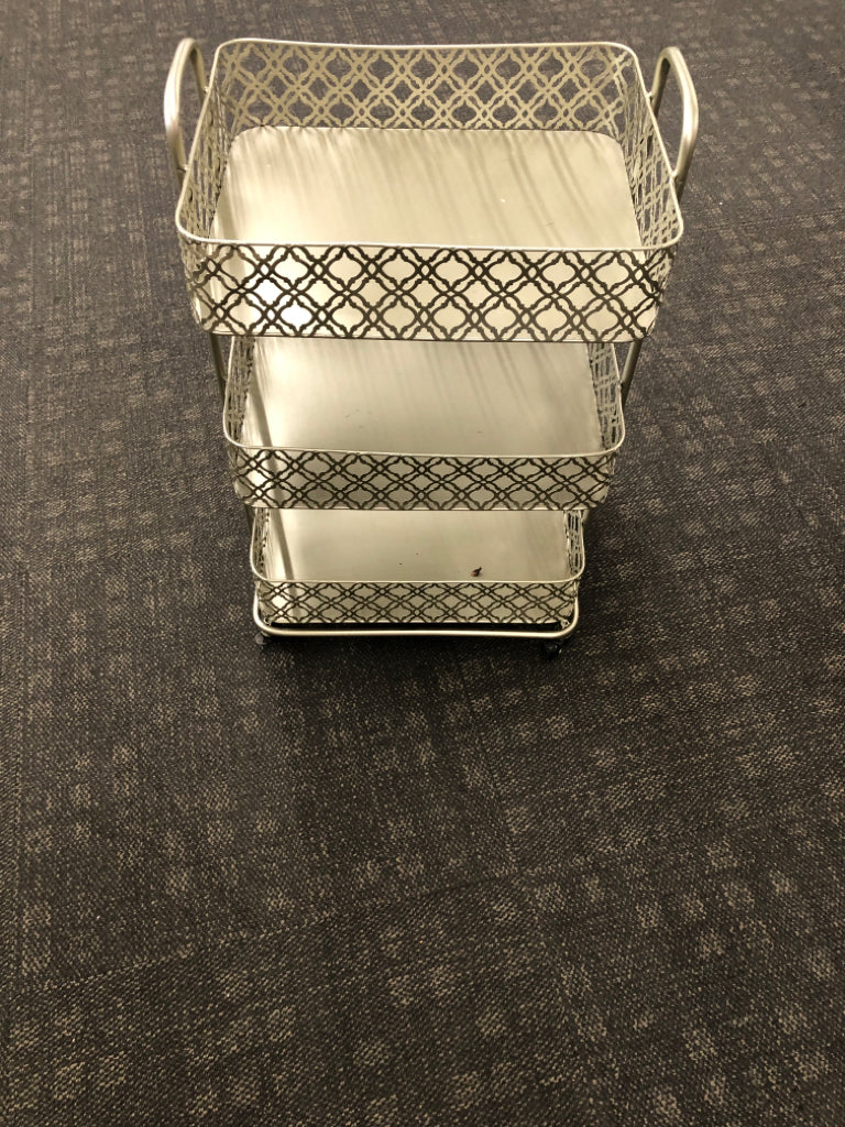 GOLD METAL 3 TIER STORAGE CART ON WHEELS.