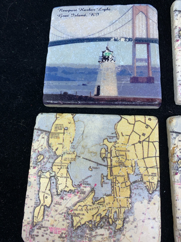 4 ROAD ISLAND THEME STONE SQUARE COASTERS.