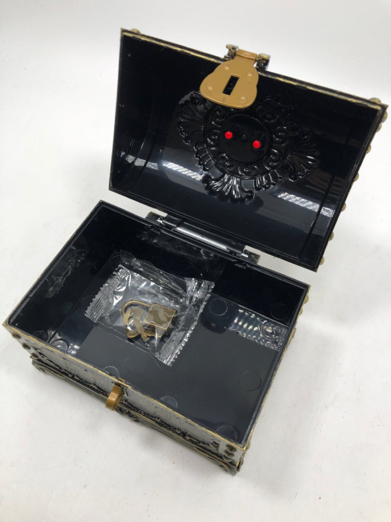 BRONZE DISTRESSED PLASTIC TREASURE CHEST W/LOCK AND KEY.