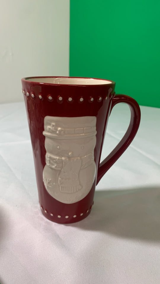 RED TALL MUG W/ EMBOSSED SNOWMAN.