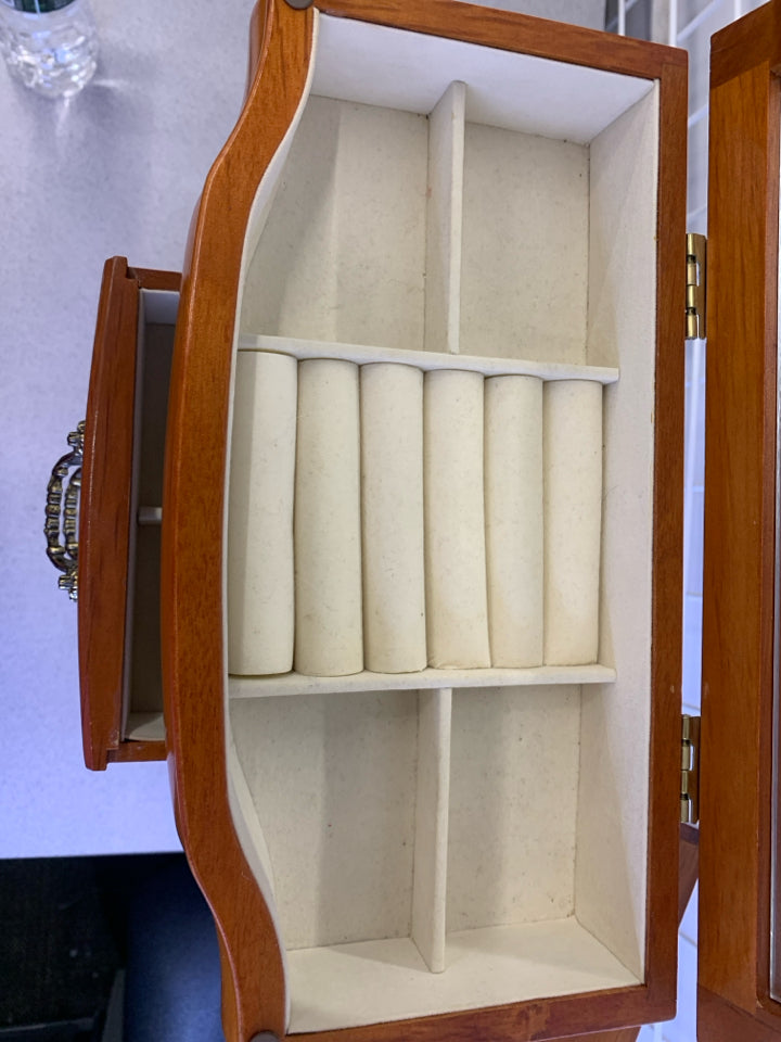 OPEN TOP WOOD JEWELRY BOX WITH 2 DOORS 6 DRAWERS/MIRROR.