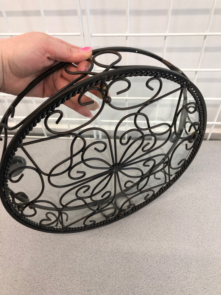 BROWN METAL TRAY W/GLASS BOTTOM.