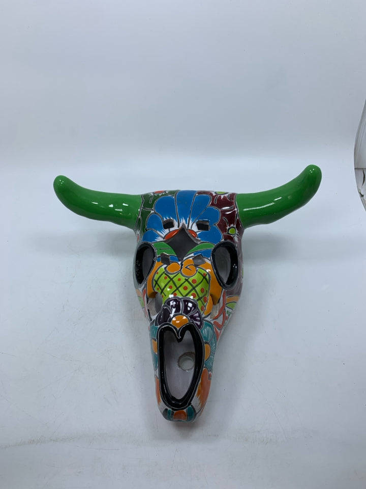 HEAVY COLORFUL TERRA COTTA COW SKULL MEXICAN FOLK ART.