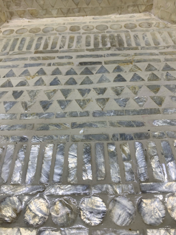 CREAM MOSAIC TRAY W/SCALLOPED CORNERS & HANDLES.