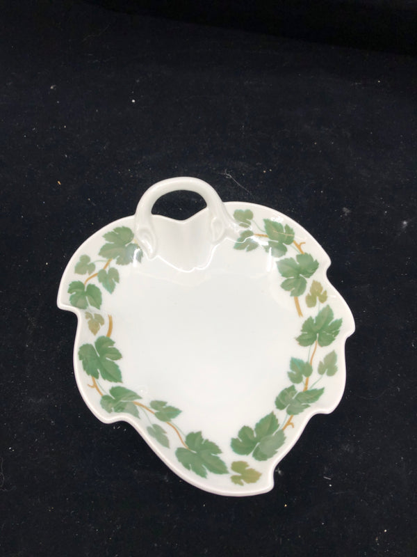 VTG WEINLAUB WHITE W GREEN LEAVES TRINKET DISH- GERMANY.