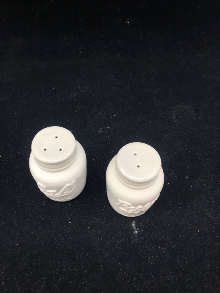 WHITE CERAMIC MASON JAR SHAPE S/P SHAKERS.