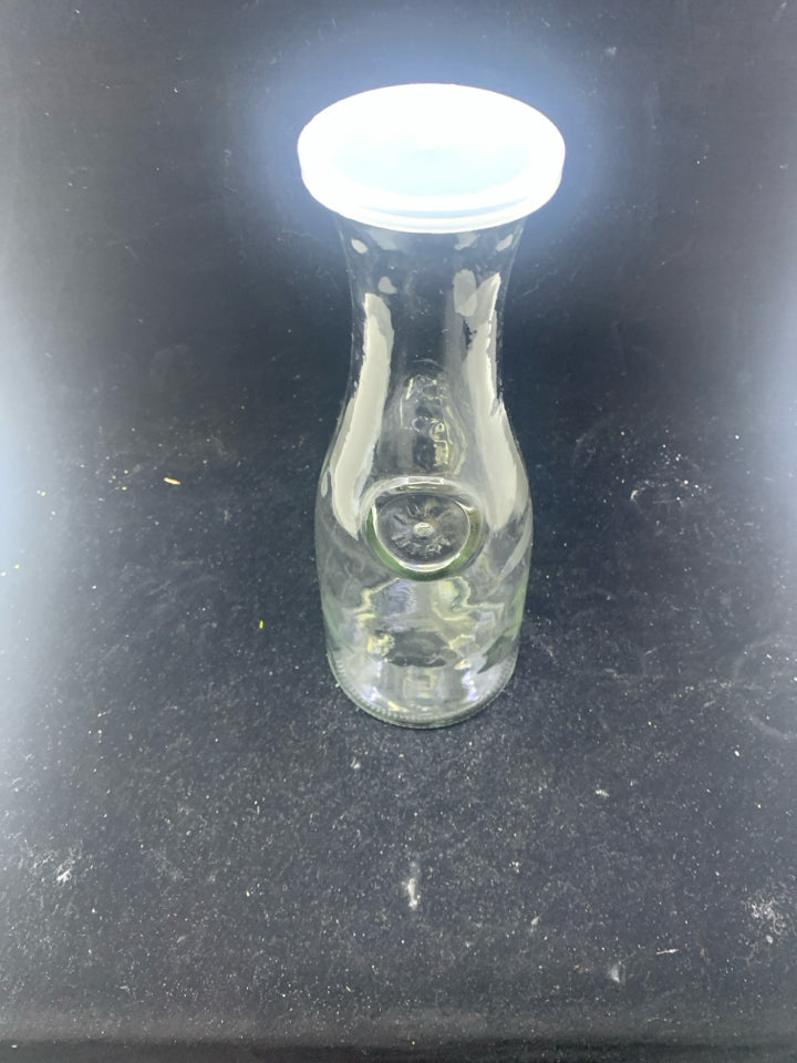 GLASS MILK BOTTLE CARAFE WITH LID.