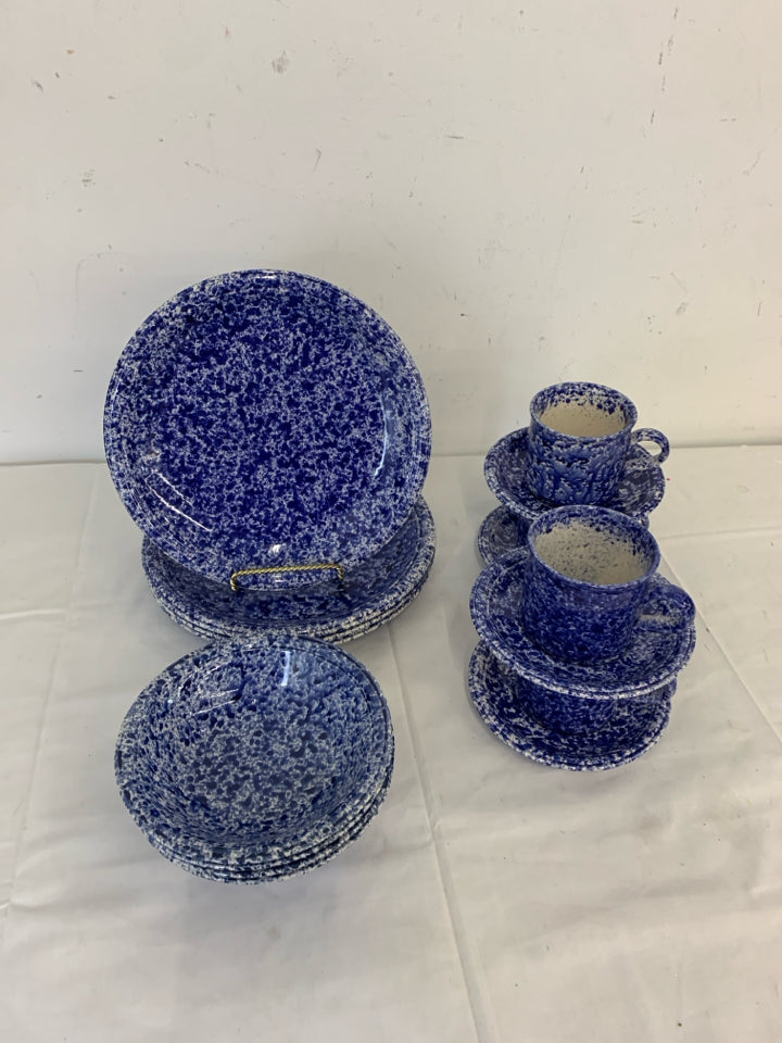 16 PC BLUE SPONGED DISH SET - 4 CUPS, 4 PLATES, 4 SAUCERS, 4 BOWLS.