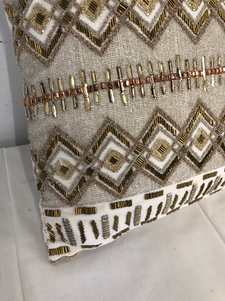 SQUARE GOLD ACCENT BEADED PILLOW.