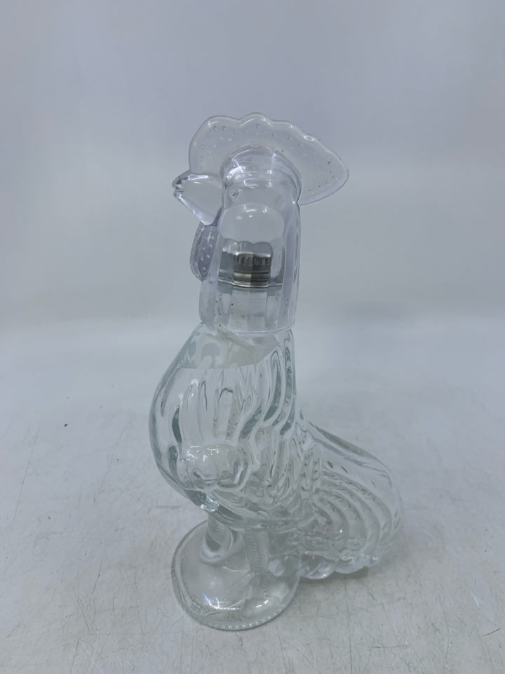 CLEAR GLASS ROOSTER DECANTER W/ PLASTIC HEAD.