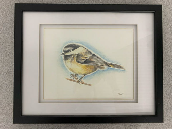 SMALL CHICKADEE IN BLACK FRAME WALL HANGING-SIGNED.