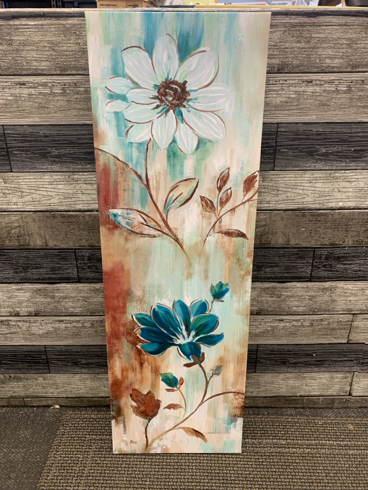 CANVAS WALL HANGING TEAL/BROWN WHITE FLOWERS.