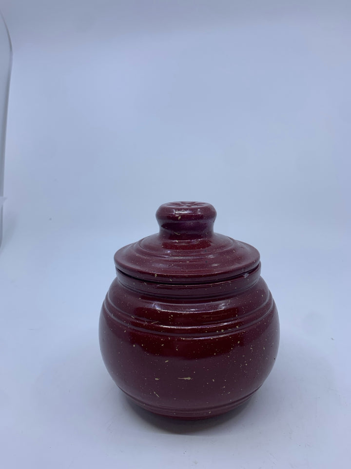 RED SPECKLED CANISTER/ SUGAR BOWL.