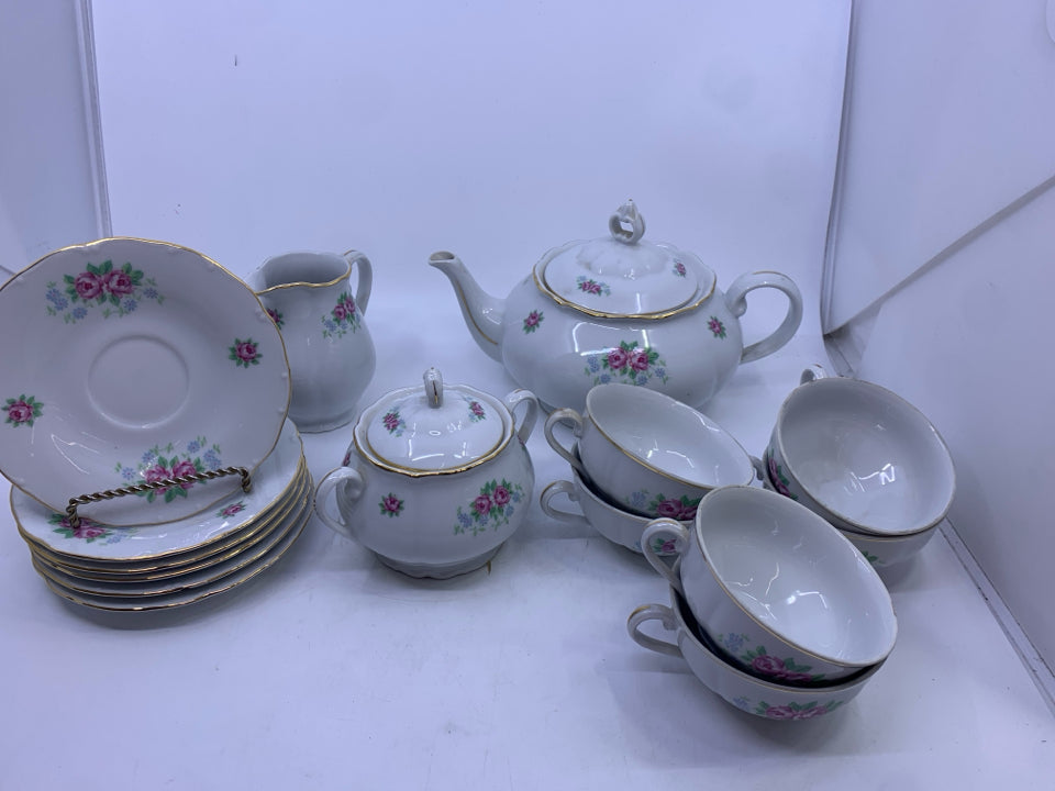 15 PC TEA SET WHITE WITH PINK FLORAL ROSE GOLD ACCENT.