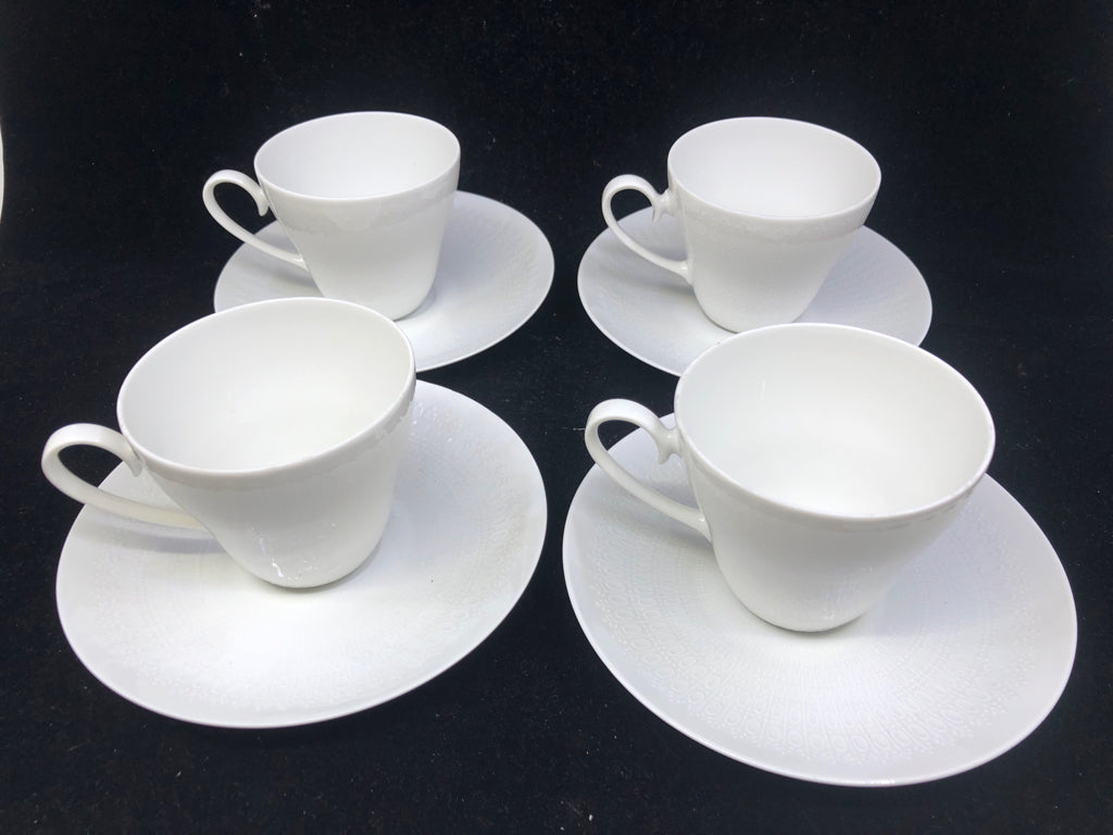 SVC FOR 4 WHITE EMBOSSED TEACUP/SAUCER.